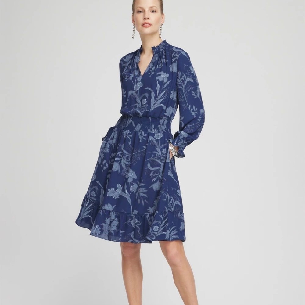 NEW Chico's 1.5 Blue Floral Smocked Waist Ruffle Short Dress Dark Harbor 10